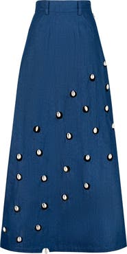 ÚCHÈ Cowrie Shell Embellished Denim Maxi Skirt