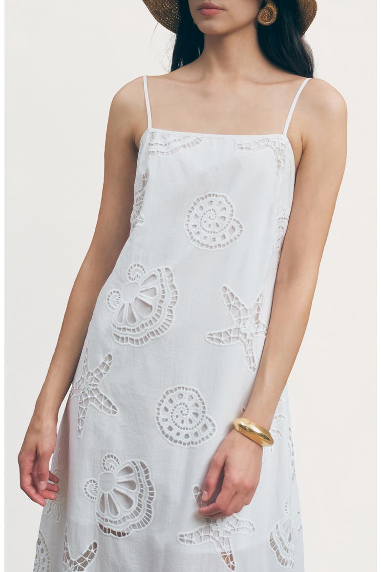 Ciel Cotton Eyelet Fringe Trim Midi Dress, Alternate, color, WHITE
