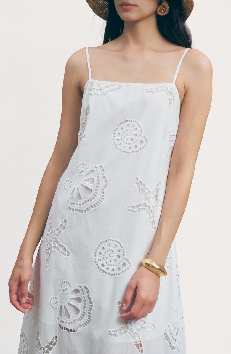 MAUDE CLUB Ciel Cotton Eyelet Fringe Trim Midi Dress, Alternate, color, White