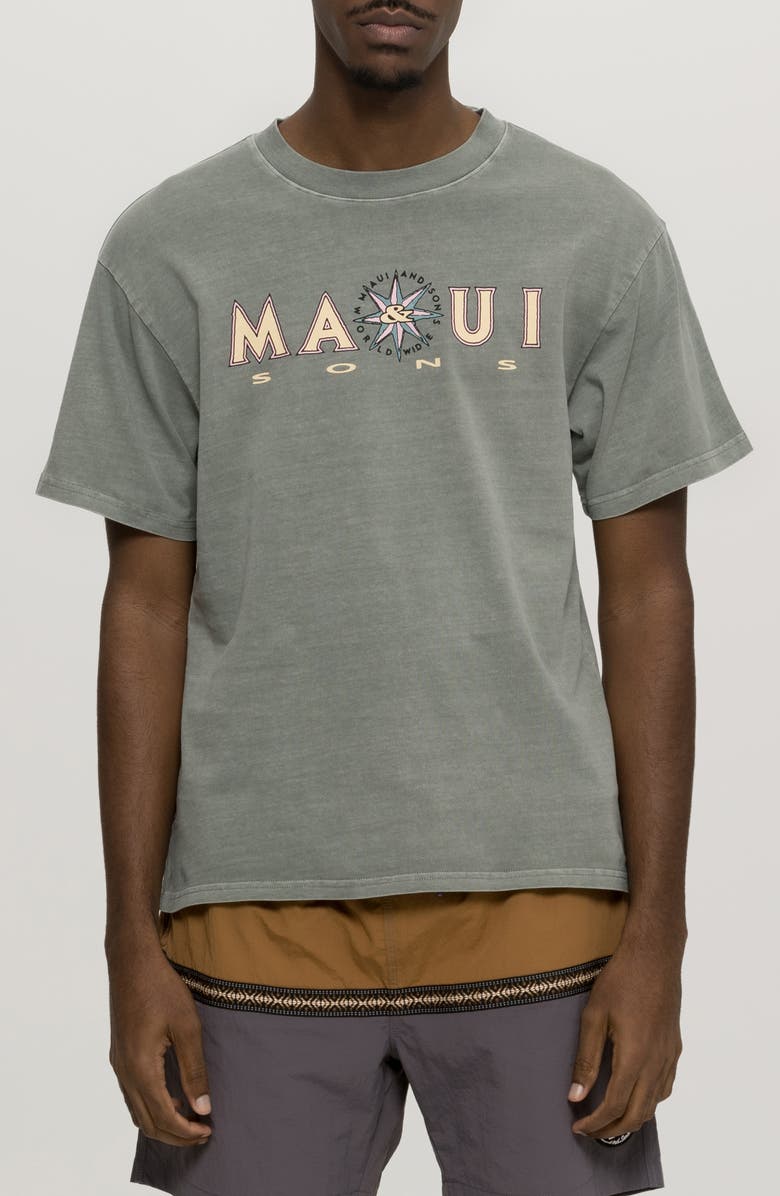 Maui & Sons Compass Pigment Dyed Cotton Graphic T-Shirt, Main, color, Grey