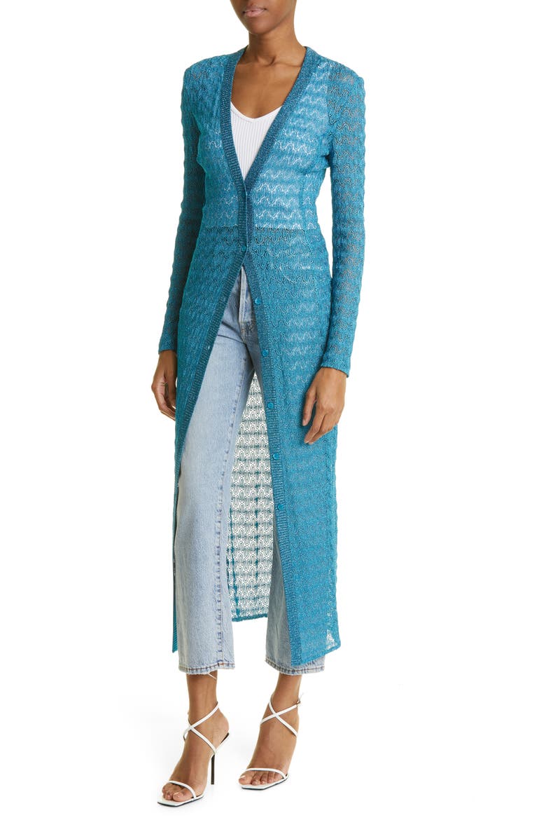 Raschel Lamé Lace Longline Cardigan, Alternate, color, TURQUOISE LAM LIGHT BLUE