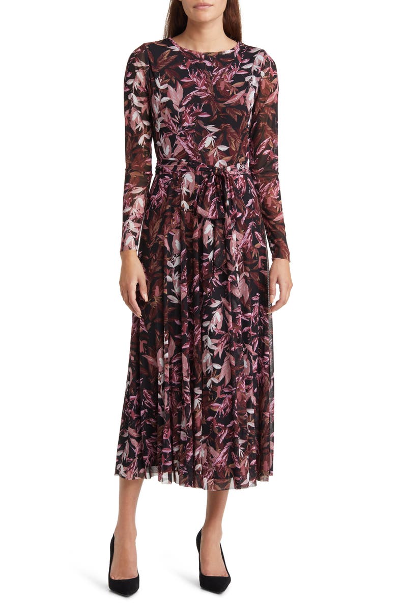 Anne Klein Leaf Print Long Sleeve Mesh Midi Dress, Main, color, 