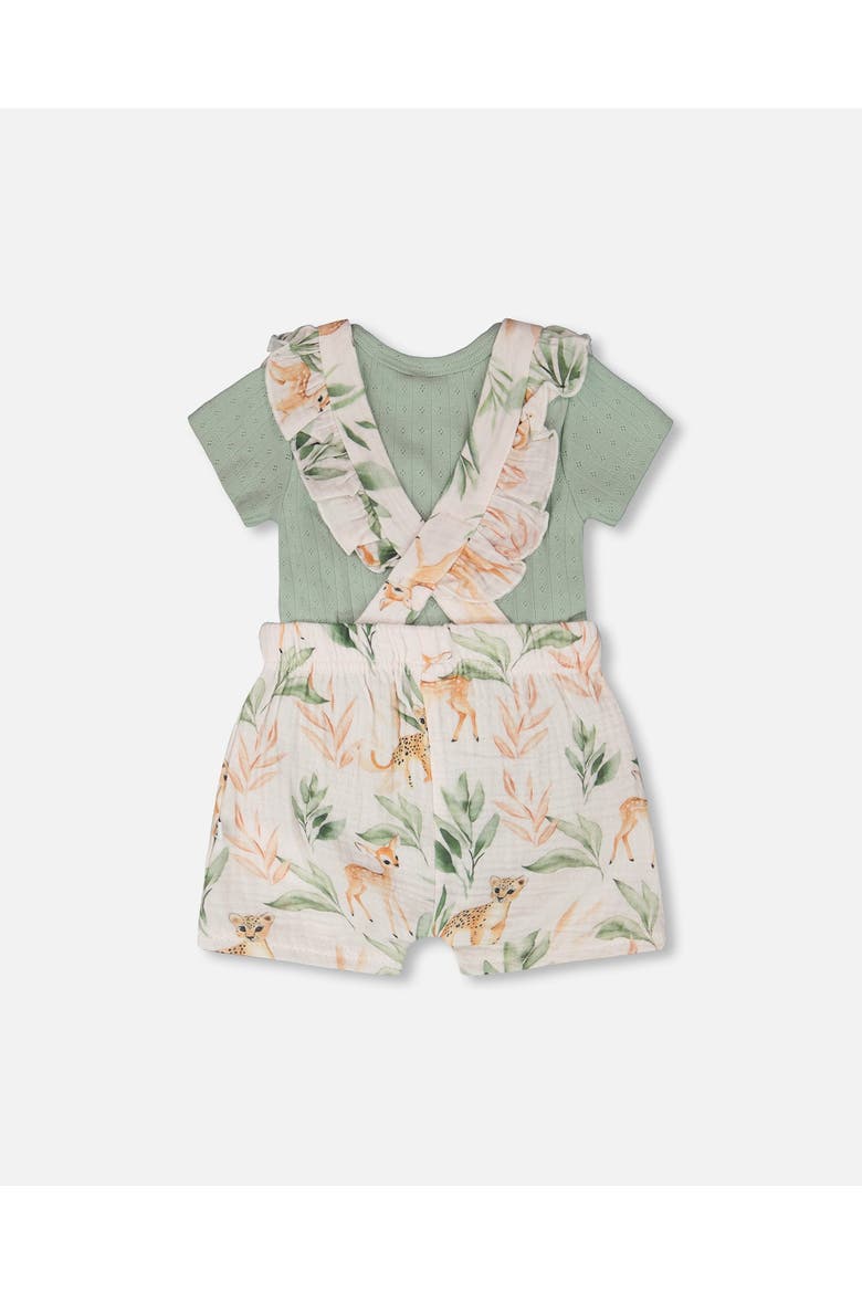 Pointelle Bodysuit and Cotton Muslin Peach Deer Printed Shortall Set, Alternate, color, Green and Peach Deer Print