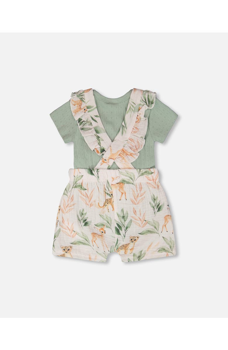 Deux par Deux Pointelle Bodysuit and Cotton Muslin Peach Deer Printed Shortall Set, Alternate, color, Green And Peach Deer Print