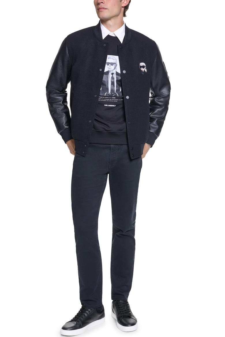 Mixed Media Bomber Jacket, Alternate, color, BLACK