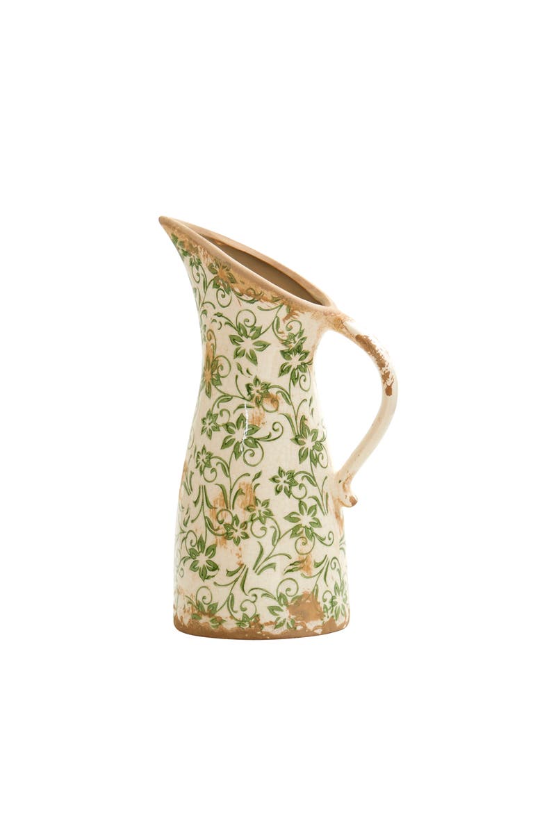 NEARLY NATURAL 10-in Tuscan Ceramic Green Scroll Pitcher Vase, Main, color, Green