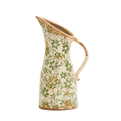 10-in Tuscan Ceramic Green Scroll Pitcher Vase
