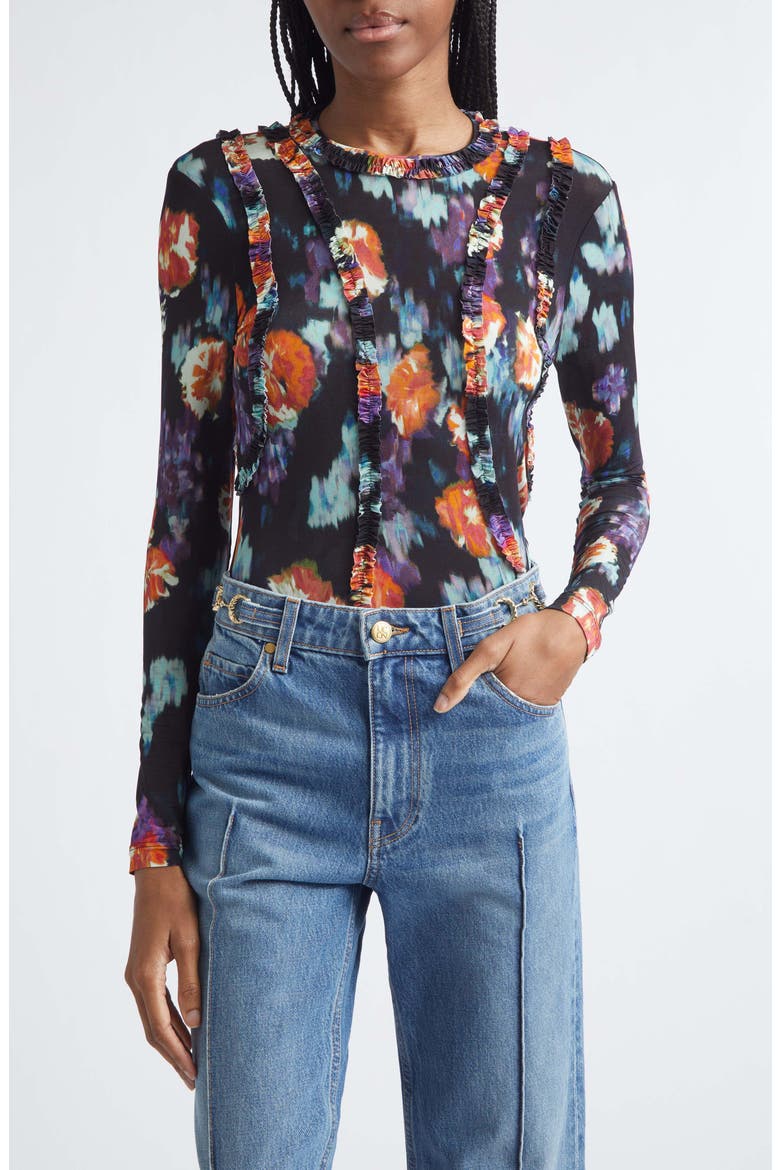Clover Floral Frill Detail Jersey Top, Main, color, NOCTURNE