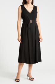 Ellen Tracy V-Neck Sleeveless Belted Midi Dress