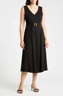 V-Neck Sleeveless Belted Midi Dress