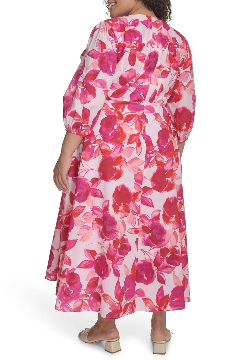 Calvin Klein Floral Balloon Sleeve Cotton Faux Wrap Dress, Alternate, color, Hibiscus Multi