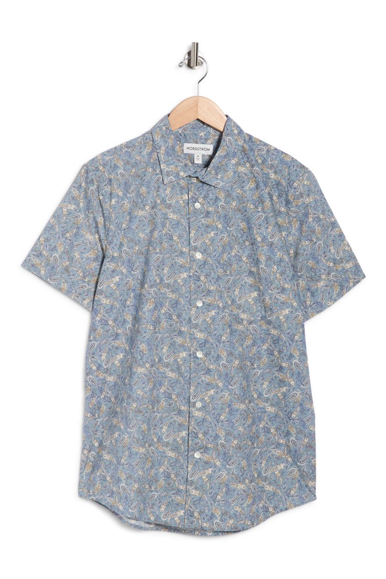 Short Sleeve Poplin Button-Up Shirt, Alternate, color, BLUE SPRUCE UPTOWN PAISLEY