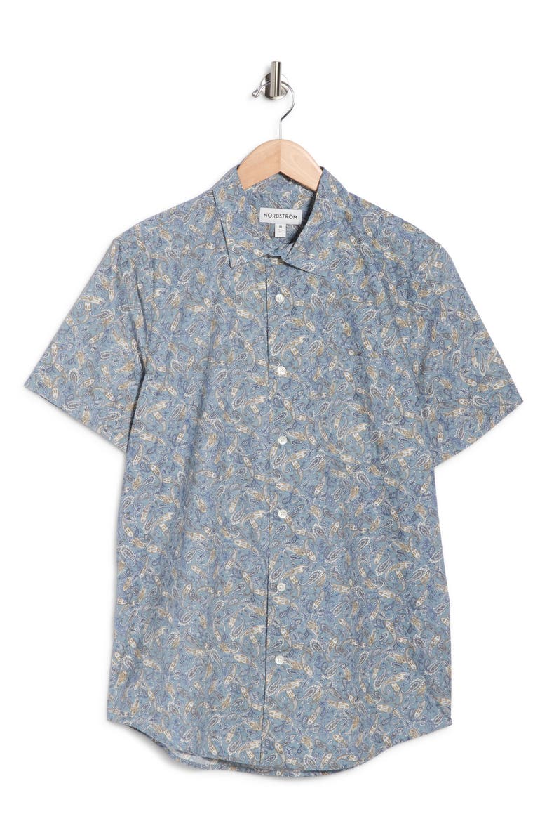 Nordstrom Short Sleeve Poplin Button-Up Shirt, Alternate, color, Blue Spruce Uptown Paisley