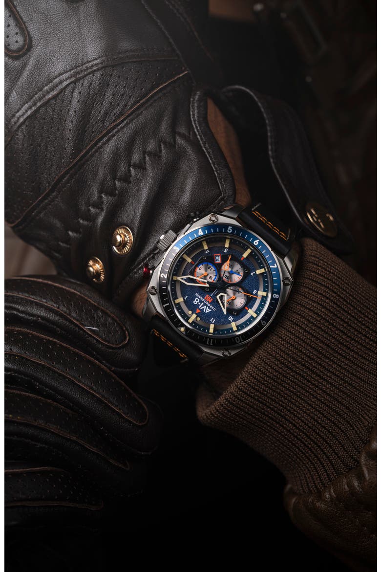Hawker Hunter Atlas Pavillion Blue Dual Time Chronograph Leather Strap Watch, 43mm, Alternate, color, BLUE