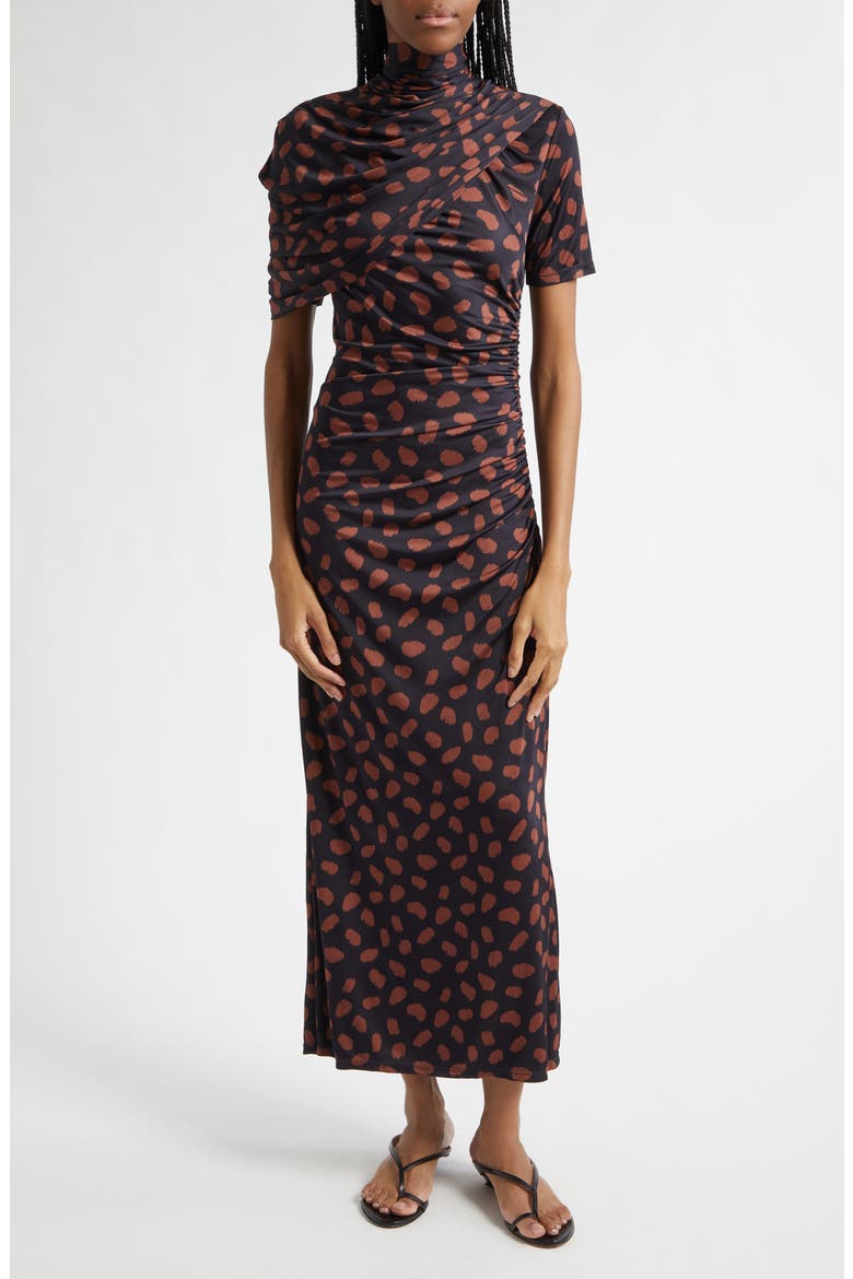 Serene Print Ruched Jersey Safari Dress, Alternate, color, BLACK / COFFEE