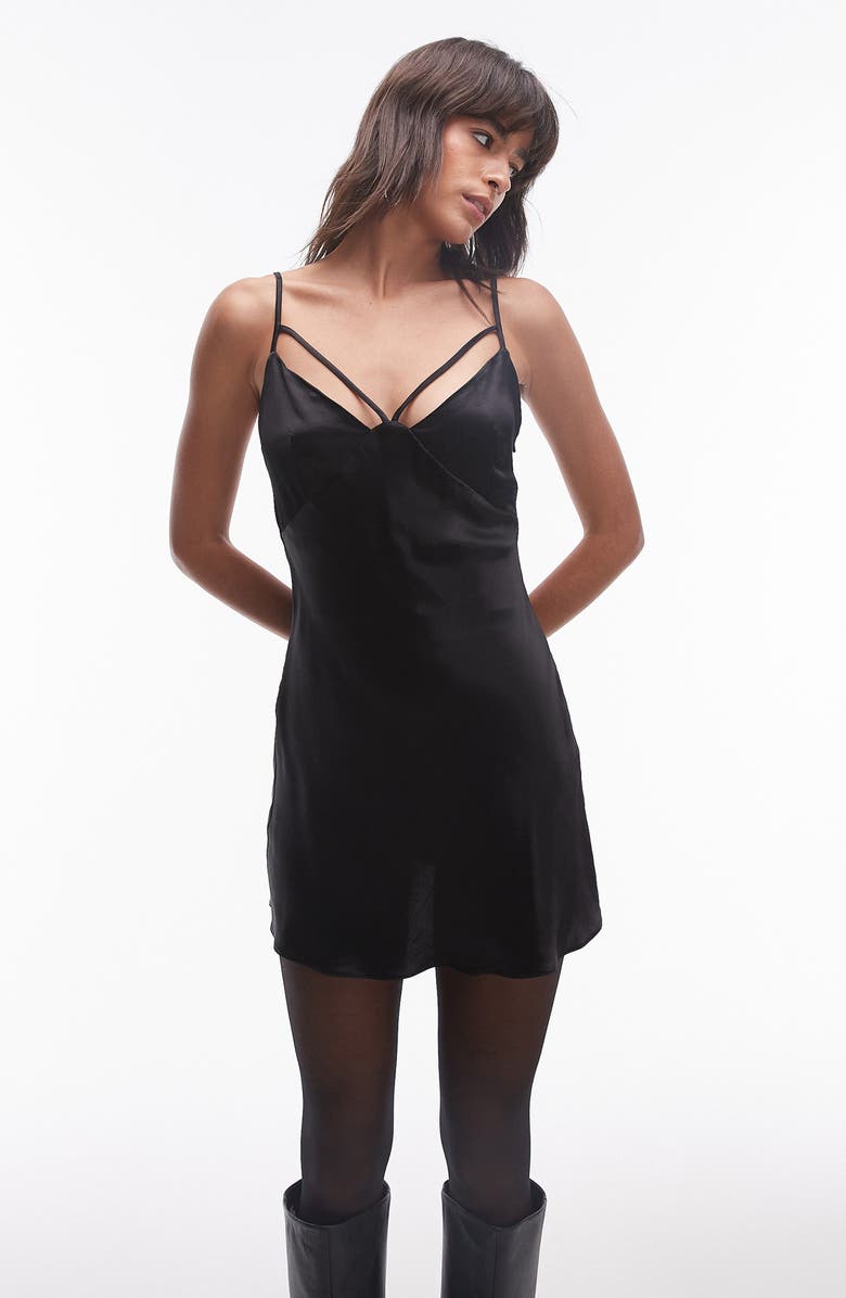 Topshop Bust Detail Strappy Satin Minidress, Main, color, Black