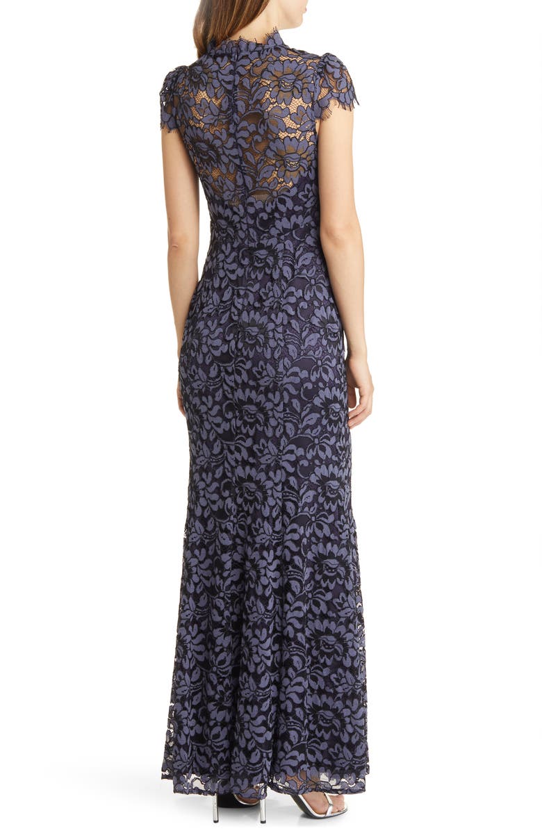 Eliza J Illusion Cap Sleeve Gown, Alternate, color, Navy