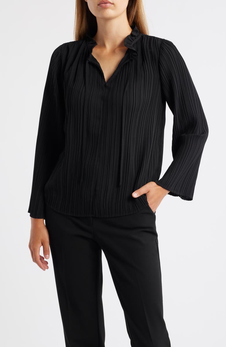 Anne Klein Pleated Tie Neck Top, Main, color, Anne Black