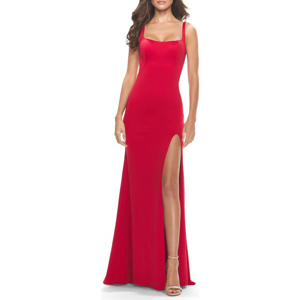La Femme Simple Chic Long Jersey Gown With Square Neckline In Red