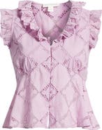 Treasure & Bond Open Cutwork Ruffle Trim Button-Up Top