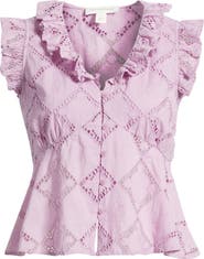 Treasure & Bond Open Cutwork Ruffle Trim Button-Up Top