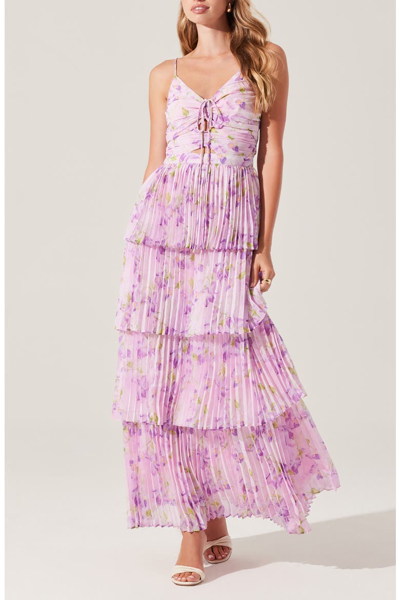Daytona Floral Pleated Tiered Dress, Main, color, LILAC FLORAL
