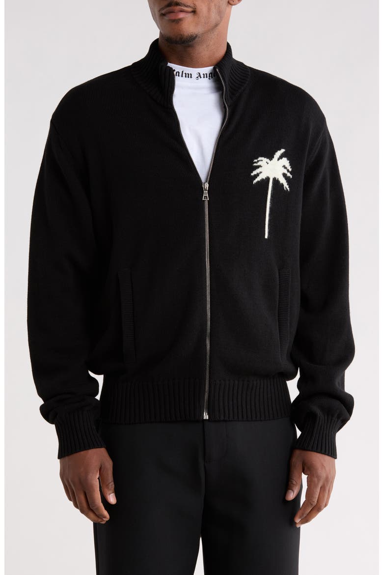 Palm Tree Cotton & Wool Zip Cardigan, Main, color, BLACK WHITE