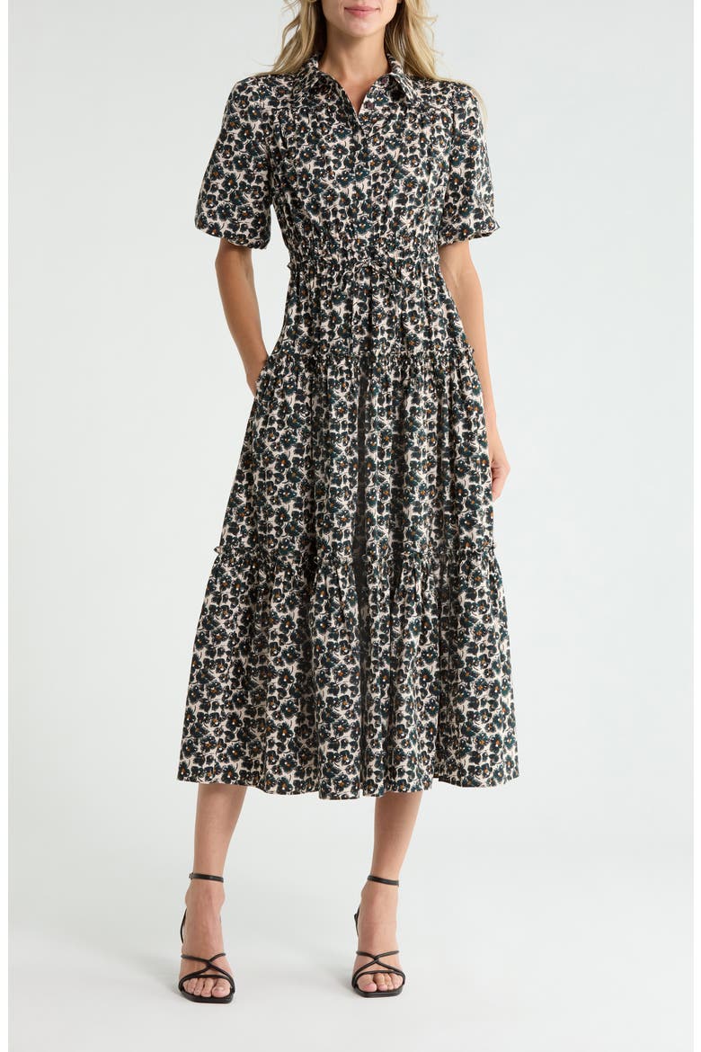 Dahlia Balloon Sleeve Cotton Shirtdress, Main, color, TEAL ANEMONE FLORAL