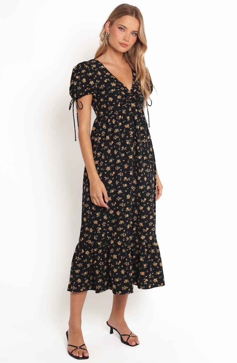 Petal & Pup Zina Floral Puff Sleeve Midi Dress, Alternate, color, Black Floral