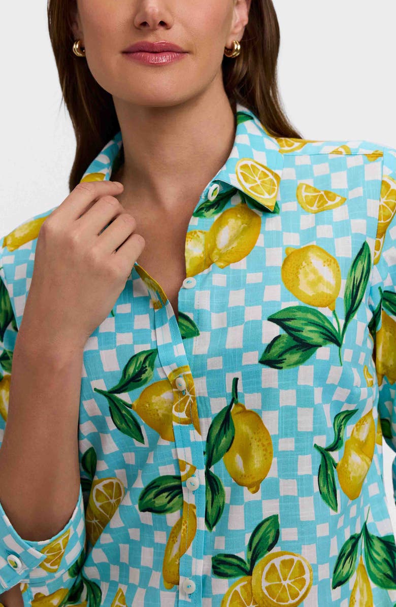 Foxcroft Hampton Lemon Linen Blend Shirt, Alternate, color, Blue Multi
