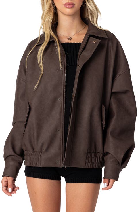 MOUSSY【FAUX LEATHER BIG JACKET】 FSVABY Womens Oversized Faux Leather Motocycle Black Jacket