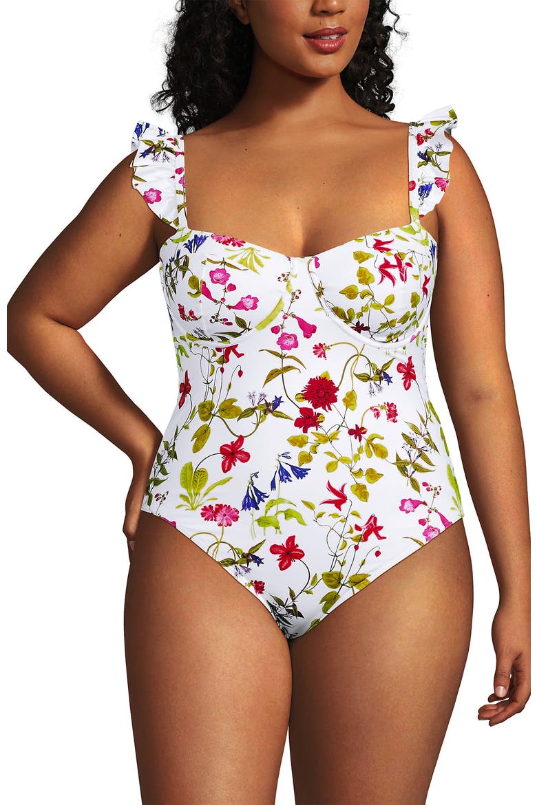 Plus Size Balconette Ruffle High Leg One Piece Swimsuit, Alternate, color, White Multi Garden Floral