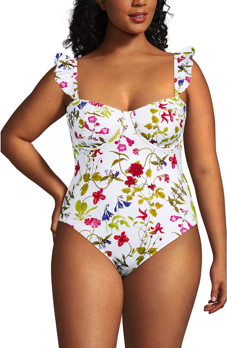 Lands' End Balconette Ruffle High Leg One Piece Swimsuit, Alternate, color, White Multi Garden Floral