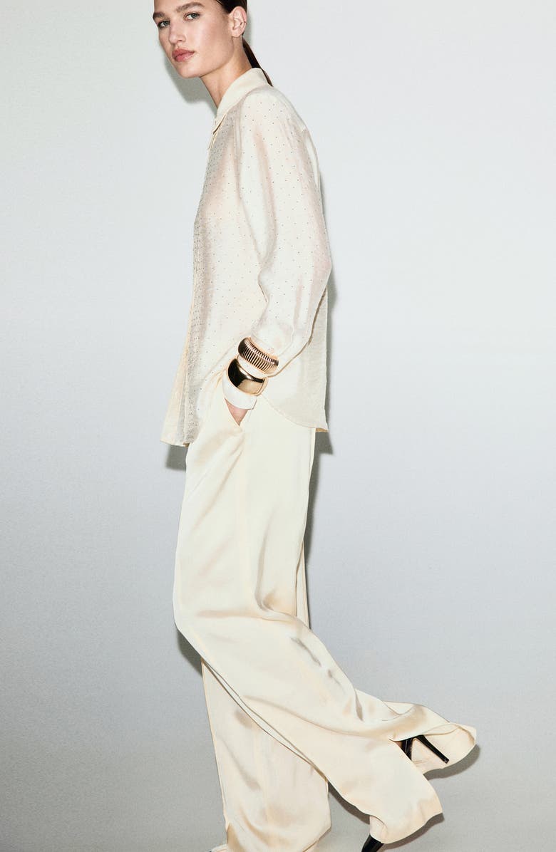 MANGO Rhinestone Satin Button-Up Shirt, Alternate, color, Beige