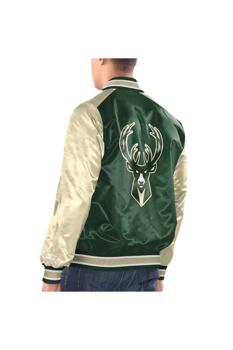 Men's Starter Hunter Green/Cream Milwaukee Bucks Renegade Satin Full-Snap Varsity Jacket, Alternate, color, Hunter Green
