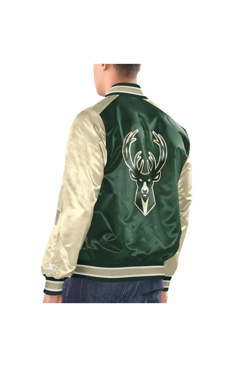 STARTER Men's Starter Hunter Green/Cream Milwaukee Bucks Renegade Satin Full-Snap Varsity Jacket, Alternate, color, Hunter Green