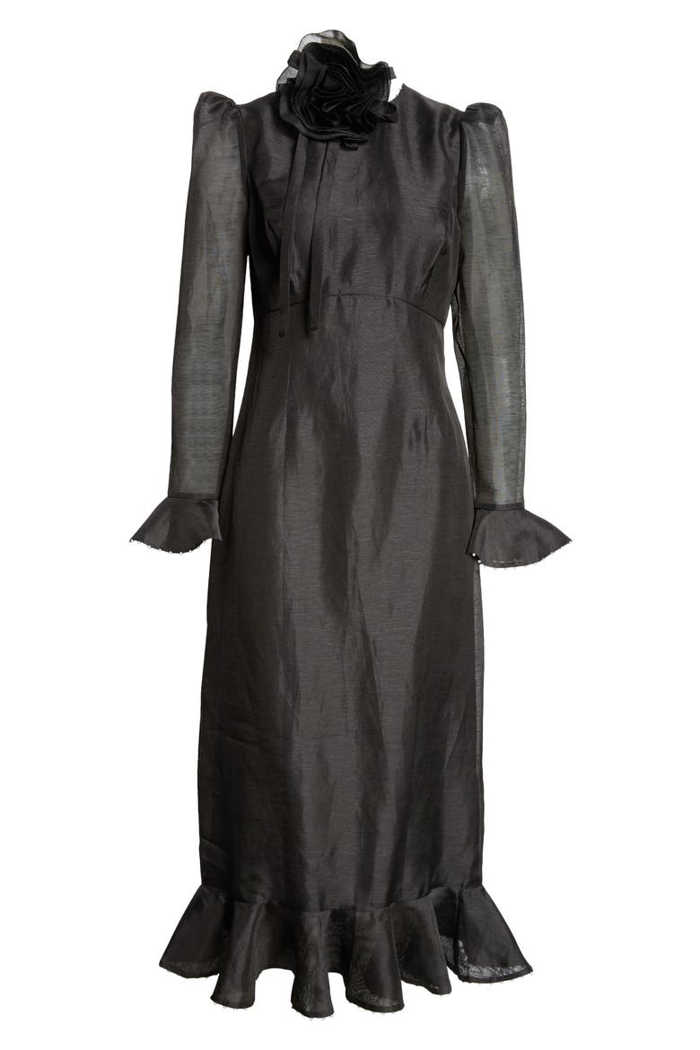 Floral Long Sleeve Organza Midi Dress, Alternate, color, BLACK
