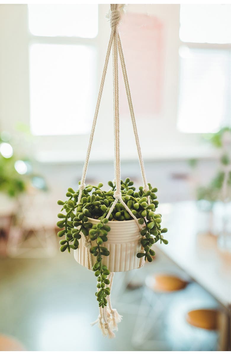 FLORA BUNDA White Faux Macramé Hanging Ceramic Planter, Alternate, color, 