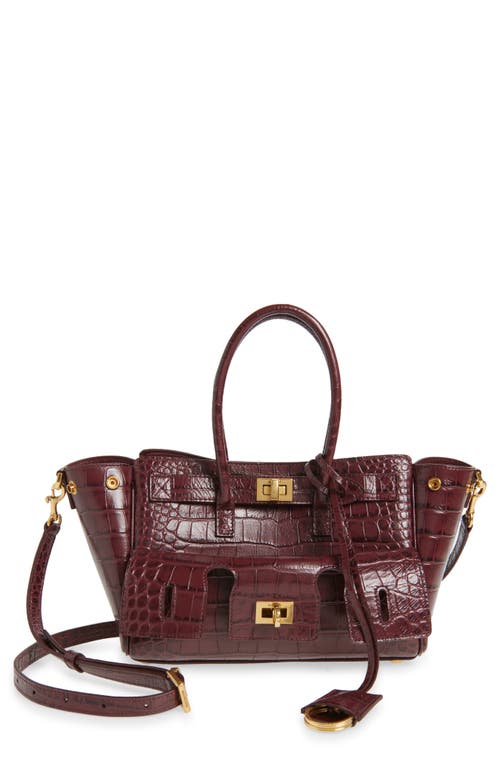 Balenciaga Mini Bel Air Croc Embossed Leather Carry All Tote In Burgundy