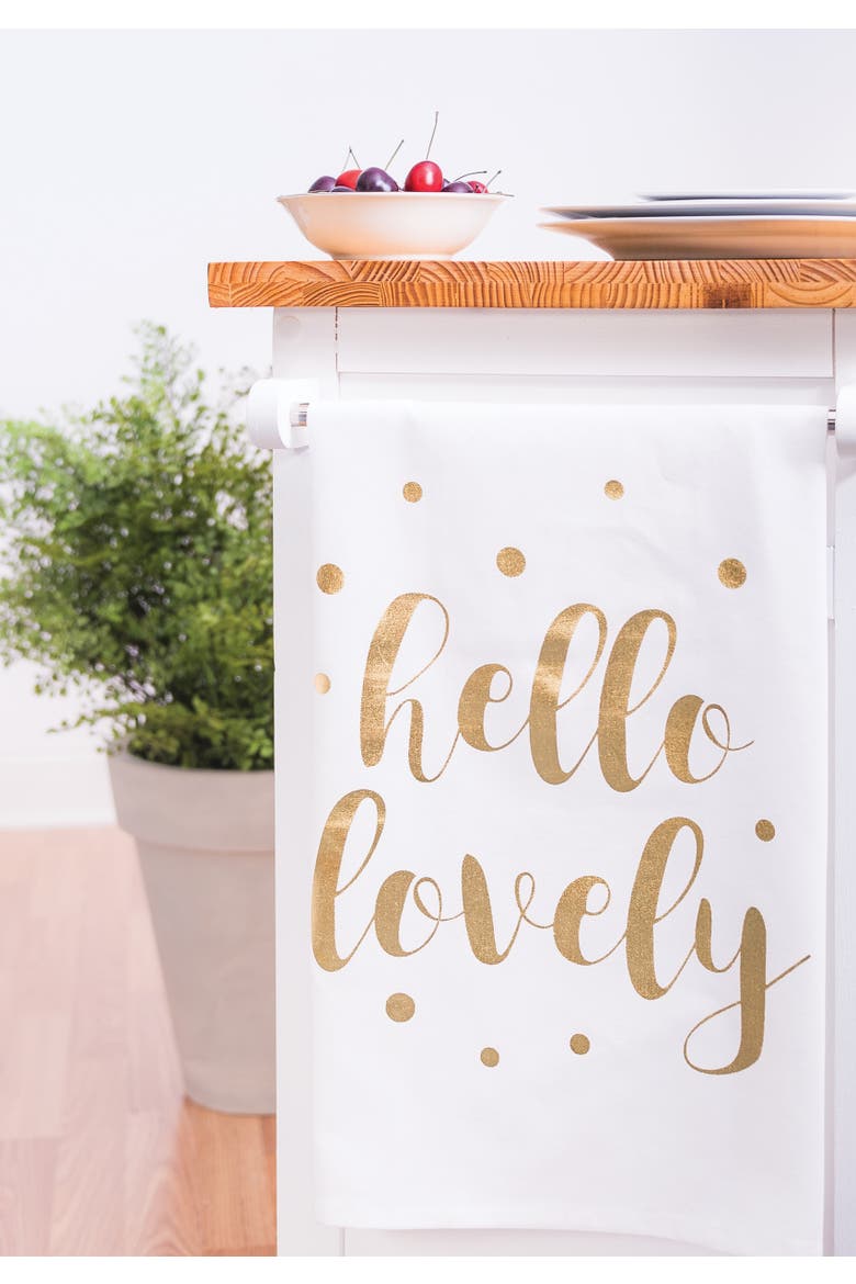 Gold Glamourous Glam "Hello Lovely" Printed Valentine's Day Dishtowel, Alternate, color, White
