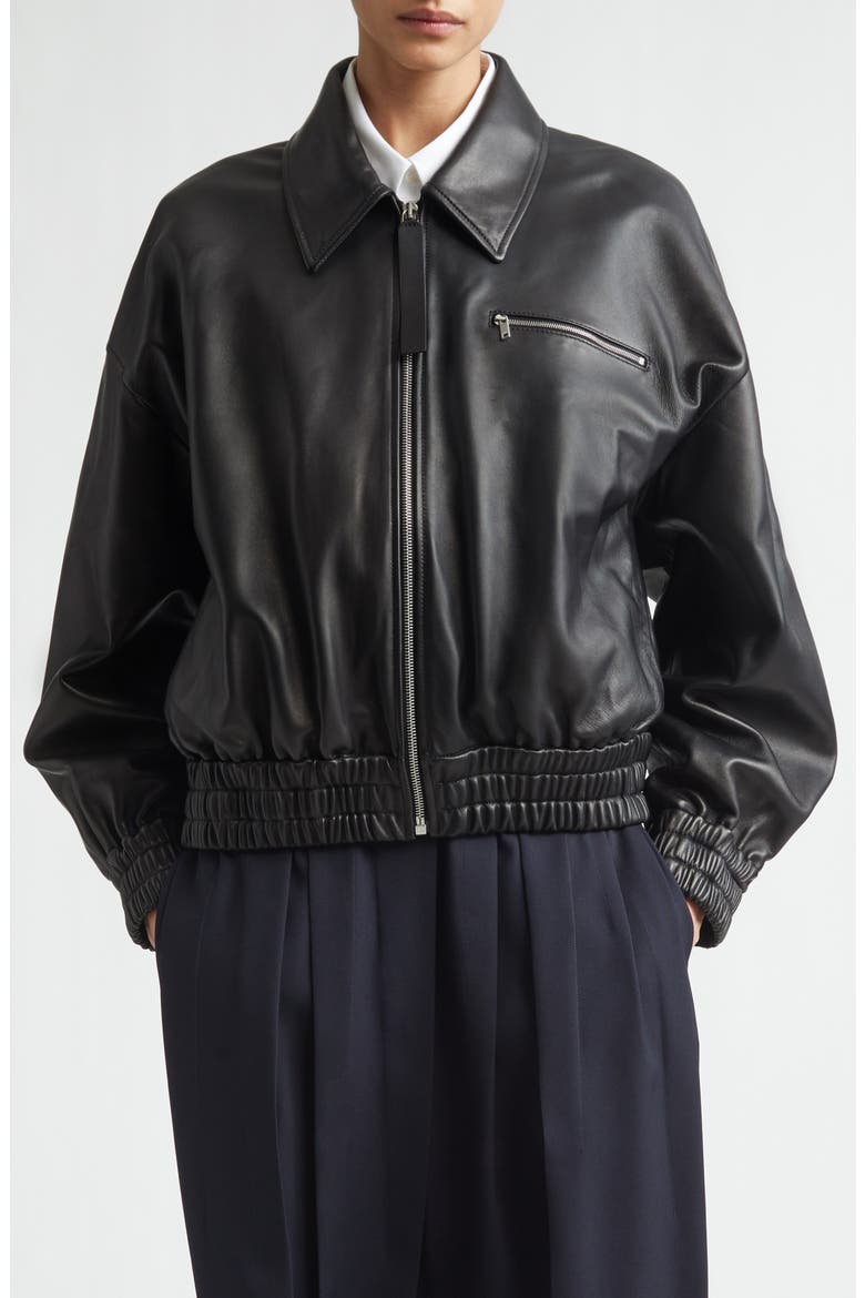 Boxy Sheepskin Leather Zip Blouson Jacket, Main, color, BLACK