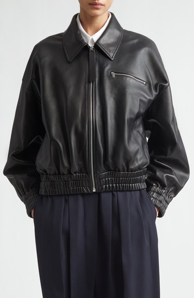Jil Sander Boxy Sheepskin Leather Zip Blouson Jacket, Main, color, Black