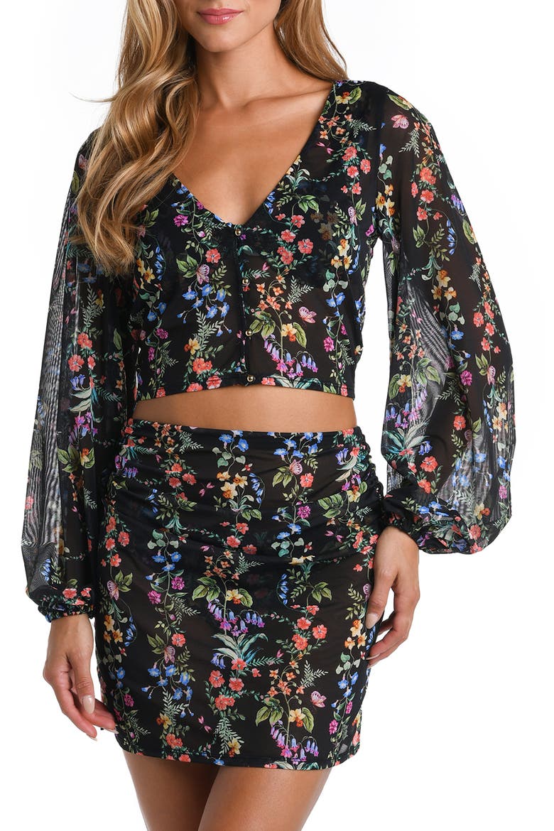 Floral Mesh Cover-Up Cardigan Top, Main, color, BLACK