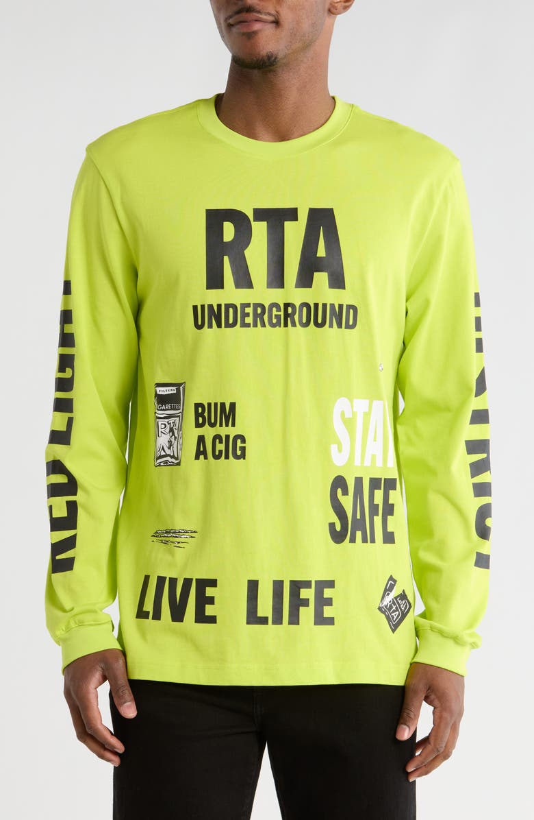 RtA Lawrence Long Sleeve Cotton Graphic T-Shirt, Main, color, Neon Underground