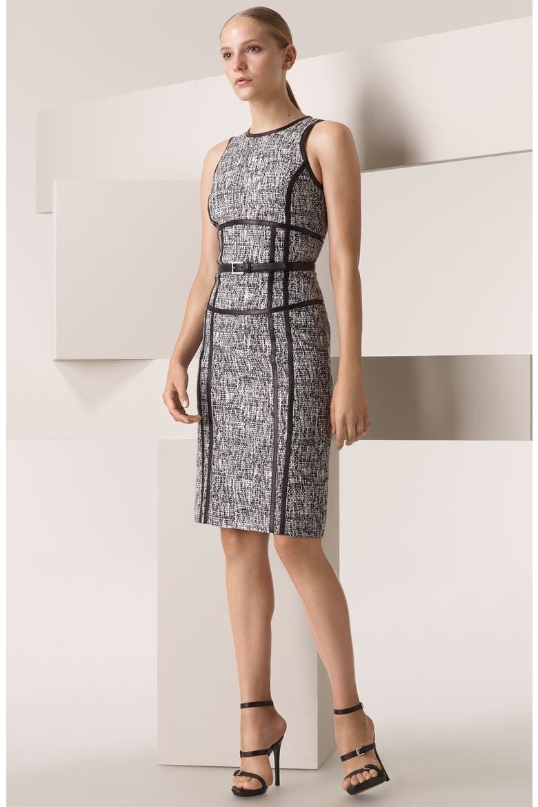 Leather Trim Belted Tweed Sheath Dress, Main, color, BLACK/ WHITE