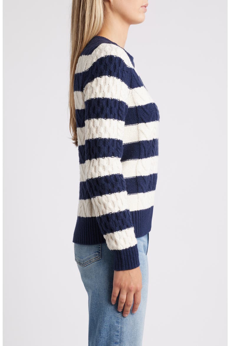 Cable Stitch Crewneck Sweater, Alternate, color, NAVY- IVORY PRISTINE STRIPE