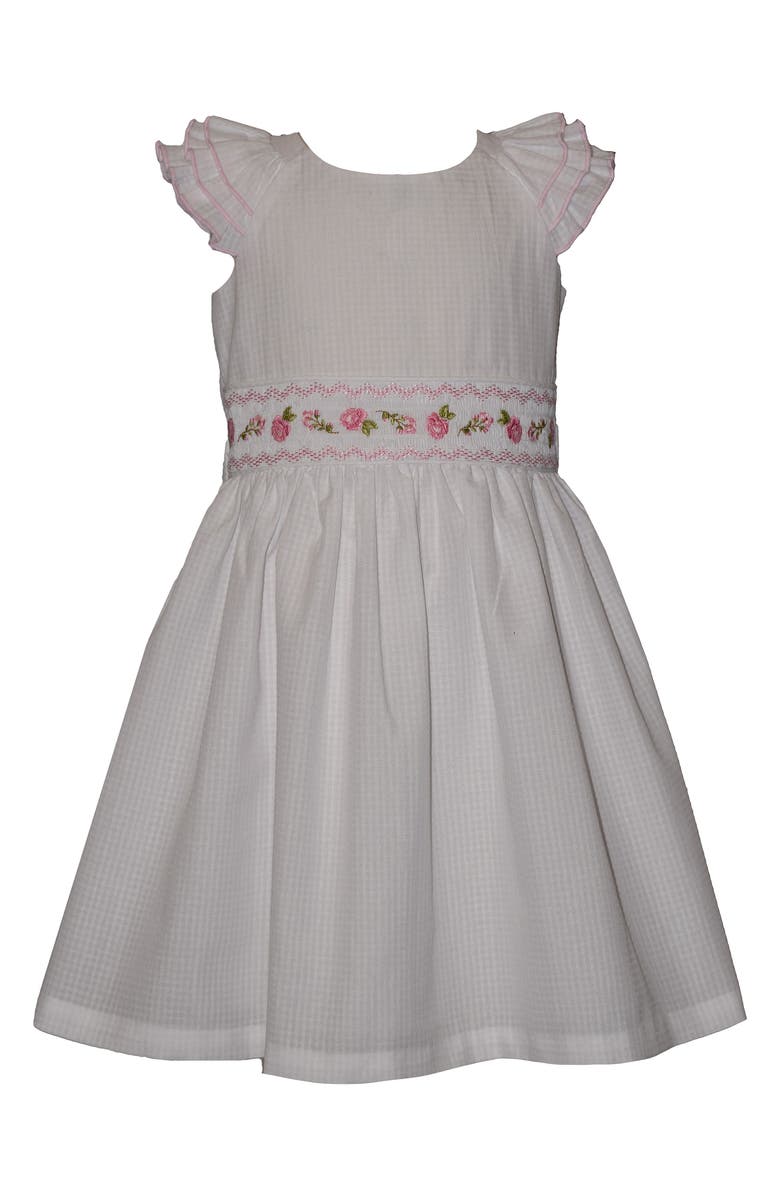 GERSON & GERSON Kids' Rose Embroidered Smocked Dress, Main, color, White