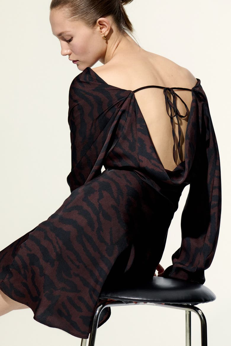 Flared-skirt Cowl-neck Dress, Alternate, color, Dark brown/zebra print