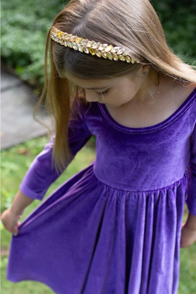 Girls Stretch Velvet Twirly Dress, Alternate, color, Dark Purple