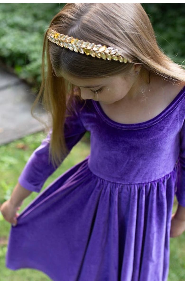 WORTHY THREADS Girls Stretch Velvet Twirly Dress, Alternate, color, Dark Purple